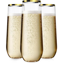 Lot de 50 flûtes à champagne sans pied en plastique avec bord doré