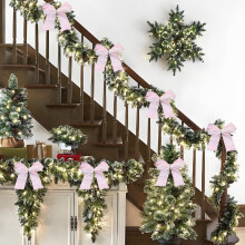 Laço de Natal de veludo com borda de renda rosa (1 unidade)