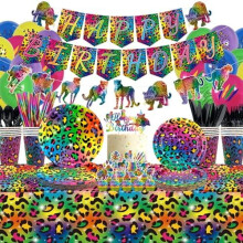 Kit de fête d'anniversaire guépard arc-en-ciel pour 20 personnes