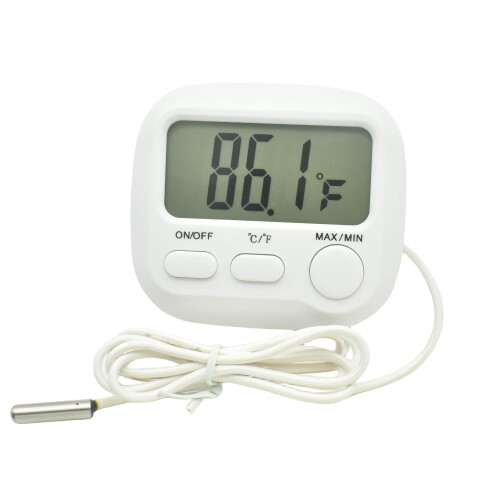Termômetro digital com sensor de sonda para uso interno e externo.