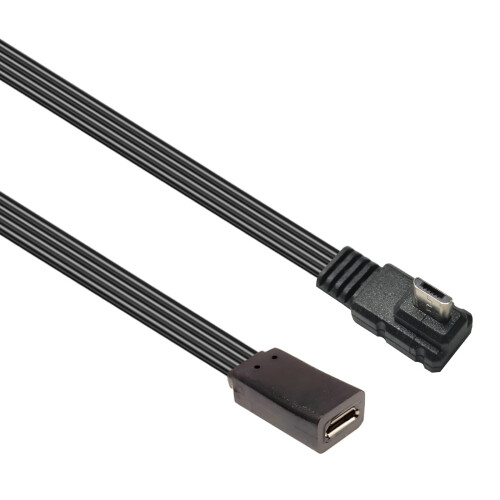Cabo de extensão micro USB macho para fêmea em ângulo reto, plano