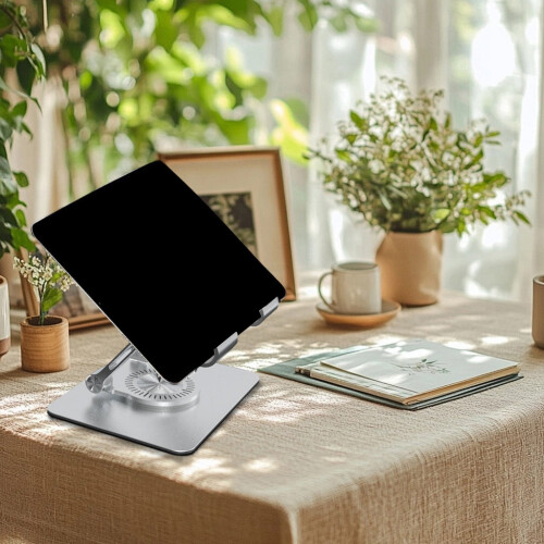 Adjustable Computer Stand with 360 Rotating Base, Ergonimic Foldable Laptop Riser for Desk Stable Base Holder for Tablets Laptops, Silver 2