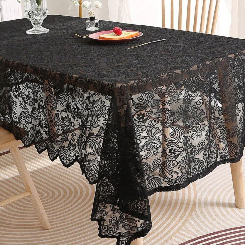 Schwarze französische Spitzentischdecke mit Phönixschwanzmuster 1