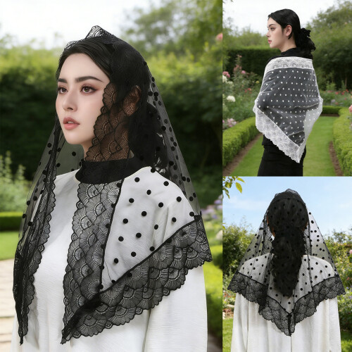 Triangular White Lace Veil Head Cover for Wedding Themes-Black 1