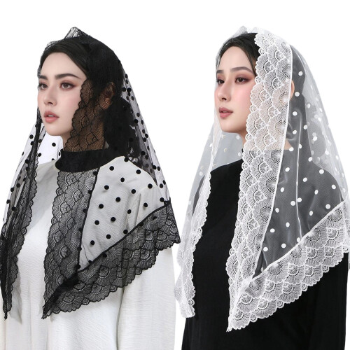 Triangular White Lace Veil Head Cover for Wedding Themes-Black 2