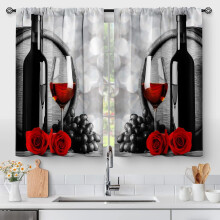 Red Rose & Wine Kitchen Curtains – Rustic Romantic Farmhouse Tier Cafe Curtains, Rod Pocket, 36" L, 2 Panels