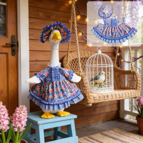 Conjunto de ganso com roupa e chapéu com tema de primavera para decoração de estátua de pátio, jardim e gramado, 23 polegadas.