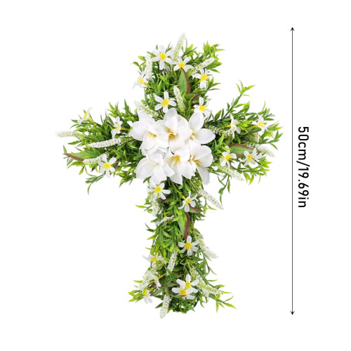 Guirlanda artificial de Páscoa em forma de cruz, com lírios brancos, 40 cm (16 polegadas), decoração religiosa de parede e presente – ideal 2