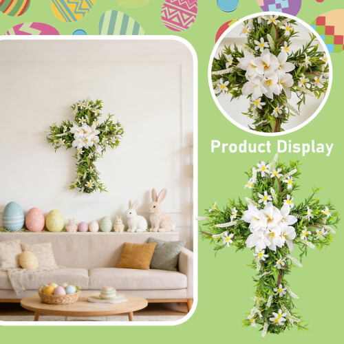Guirlanda artificial de Páscoa em forma de cruz, com lírios brancos, 40 cm (16 polegadas), decoração religiosa de parede e presente – ideal 1