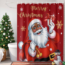 Cortina de ducha navideña de Papá Noel negro, 72x72 pulgadas