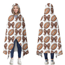 Couverture portable, motif ballons de football et nœuds marron, couverture sherpa à capuche pour adultes et adolescents, poncho d'hiver, châle,