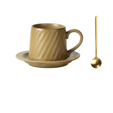 Mug rétro en céramique kaki avec soucoupe et cuillère, 300 ml