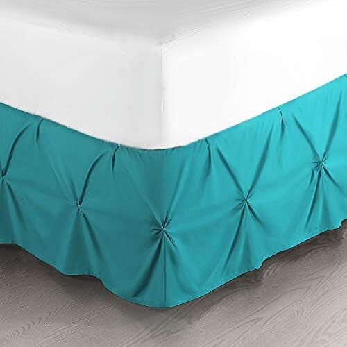Jupe de lit simple bleu sarcelle à plis pincés, hauteur 35,5 cm