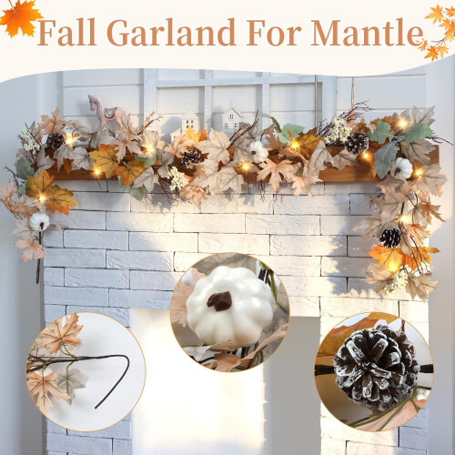 6ft Fall Garland with Warm White Lights, Maple Leaves, 1