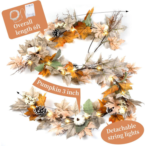 6ft Fall Garland with Warm White Lights, Maple Leaves, 2