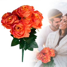 Bouquet de 9 roses artificielles de 7 cm (2,75 pouces) en soie, idéal pour la maison, le bureau, les fêtes et la décoration de mariage (orange).