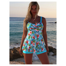 Maillot de bain bleu slim à bretelles fendues et imprimé floral tropical