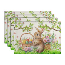 Pack Of 4 Eggs And Rabbit Designs Linen Table Mats With Slip-4