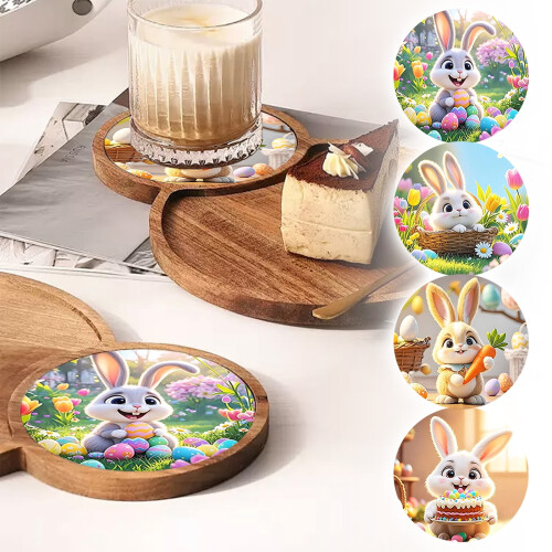 Σετ σουβέρ ξύλινου καφέ 2D Little Rabbit (4 τεμάχια), θερμομονωτικό & αντιολισθητικό, 2