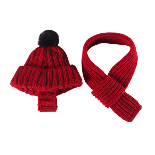 Cappello e sciarpa invernali per cani, in maglia rossa, con fori per le orecchie.
