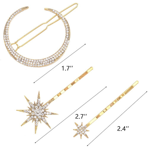 Presilhas de cabelo em formato de lua e estrela, banhadas a ouro com strass (12 peças). 1