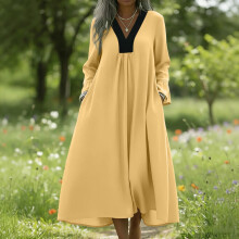 Dam Sommarklänning med lång ärm, färgblock, V-ringning, lös passform, mjuk, andningsbar, böljande, daglig utomhus- och semesteroutfit för damer