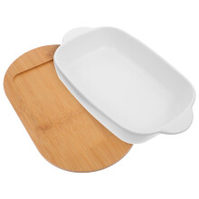 Plat à four rectangulaire en céramique avec base en bois