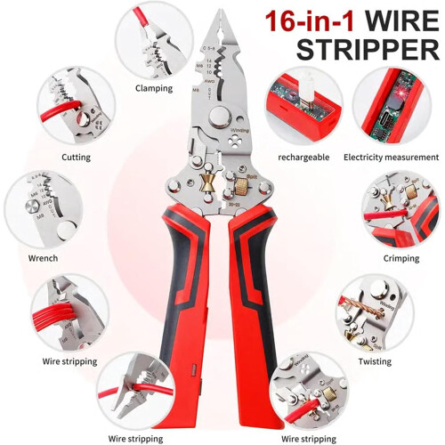 16-in-1 Wire Stripper Twister Tool: Cutter, Puller, Cable Scissors, Voltage Tester, Pliers – Foldable & Professional 1