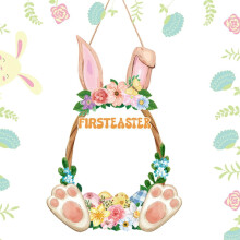 Wooden Bunny Easter Wreath – Happy Easter Spring Door Decor, Hollow Rabbit Design, Hanging Rope, Indoor/Outdoor Fireplace, Window & Wall Decor