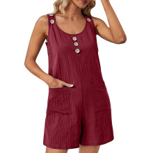 Women's Solid Sleeveless Round-Neck Jumpsuit with Pockets, Lightweight & Comfortable – Wine, Compatible with Casual Outings