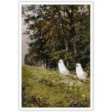 Vintage Halloween-Leinwandposter: Niedlicher Geist auf einer Blumenwiese