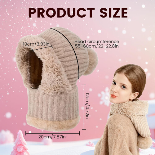 Gorro feminino térmico de malha com capuz, cachecol e máscara cinza 1