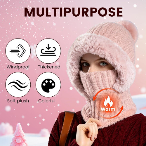 Gorro feminino térmico de malha com capuz, cachecol e máscara cinza 2
