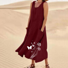 Abito da donna con stampa parziale, scollo rotondo, senza maniche, con tasche, effetto lino, casual, midi, leggero, estivo, da spiaggia.