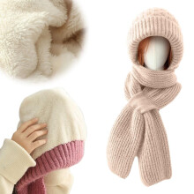 Cachecol com capuz, gorro e máscara de tricô para mulheres, cor off-white.