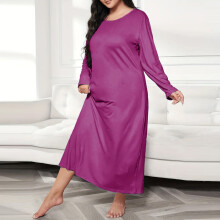 Women's Casual Fashion Solid Color Crew Neck Plus Size Long Sleeve Long Nightgown Loose Comfortable Sleep Dress for Home Relaxation