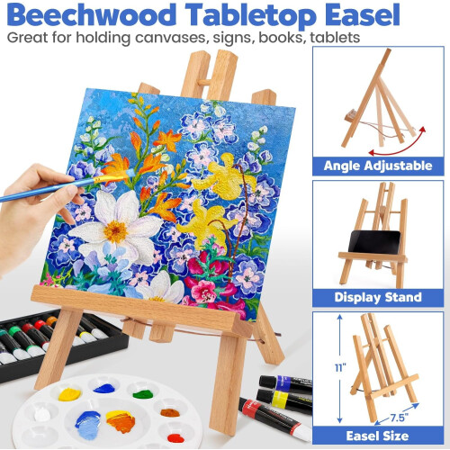 52-Piece Acrylic Paint Set with 2 Beech Wood Easels