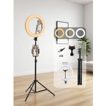 10-Zoll-LED-Ringlicht mit Stativ, USB-Anschluss, Schwarz