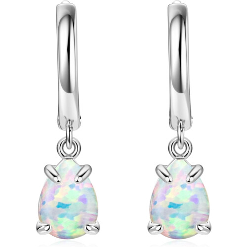 18K White Gold Plated Opal Dangle Earrings 925 Silver