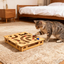 Kratz- und Beschäftigungsbox für Katzen aus Eichenholz mit Glöckchen