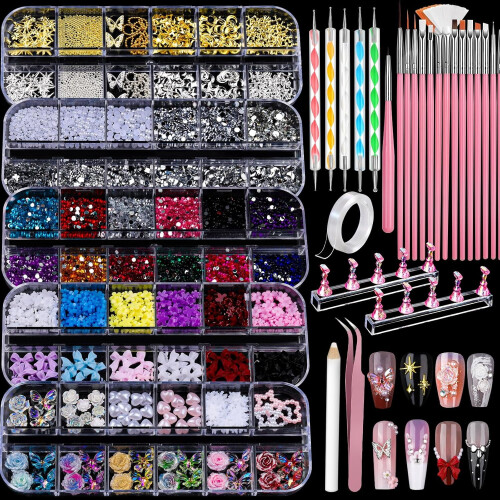 Kit de decoração de unhas com enfeites 3D, pincéis, ferramentas para pontilhar e