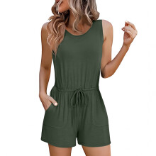 Ärmelloser Jumpsuit in Armeegrün mit Kordelzug, zwei Taschen, leichtem und lockerem Schnitt – ideal für sommerliche Freizeitkleidung