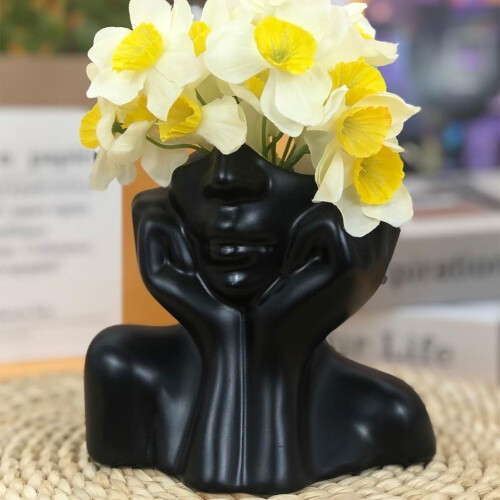 Face Resin Vase Black Gold White 14 cm