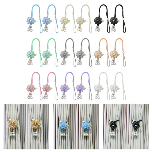 Adjustable Window Curtain Tiebacks Set Floral Pearls-beige1 2