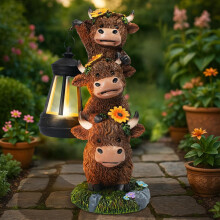 Estatua de vaca de las Tierras Altas con linterna, fabricada con energía solar, 23,6 cm (9,3 pulgadas)