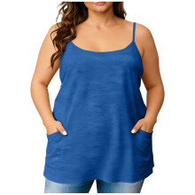 Camiseta de tirantes tipo halter de cuello redondo, estilo casual, de talla grande, para mujer, con bolsillos en el pecho. Camisola básica suave y