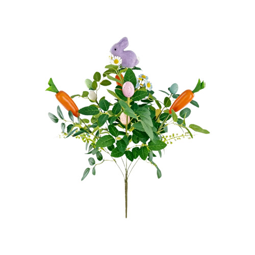 Osterblumenarrangement mit Haseneiern und Karotten