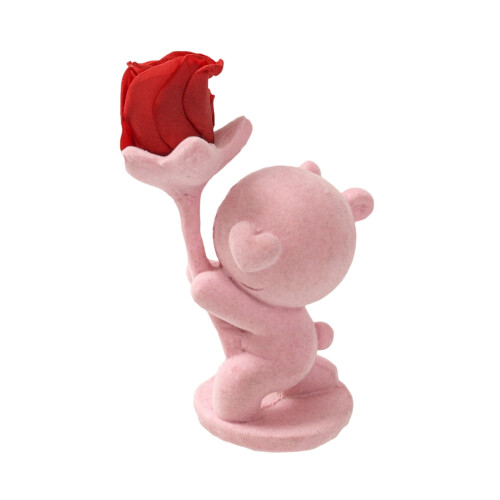 Flocked Bear Figurine with Rose – Resin Decorative
