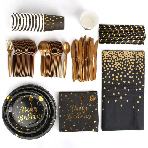 Articoli per feste di compleanno in nero e oro: 201 pezzi per 25 invitati.