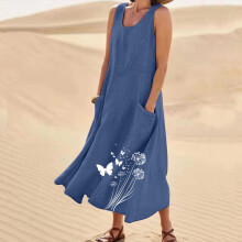 Vestido midi informal de lino con estampado parcial posicionado para mujer, cuello redondo, sin mangas, con bolsillos, ligero, ideal para el verano y